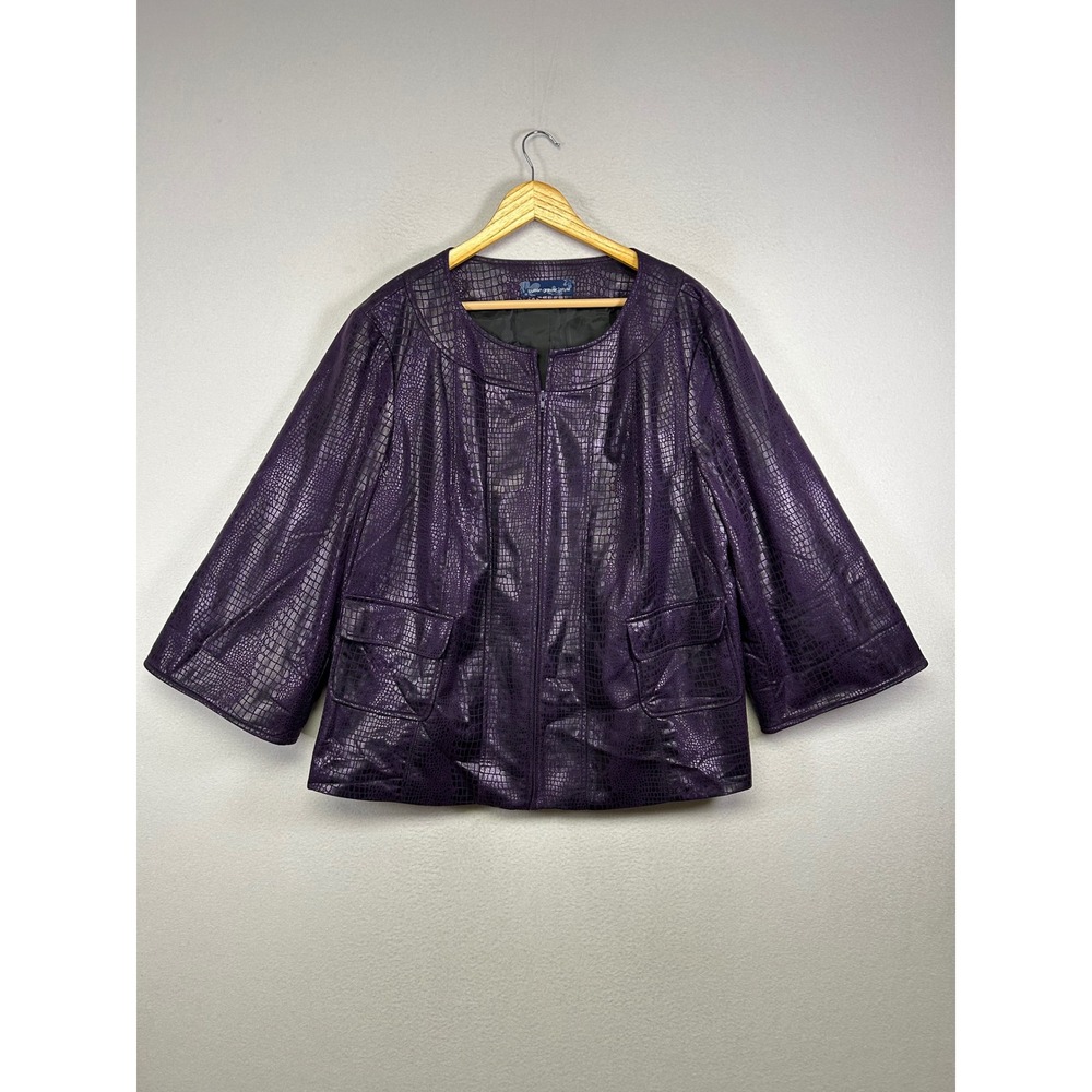 Mobwife Susan Graver Women 2X Purple Croc Embossed Faux Leather Zip Front Jacket